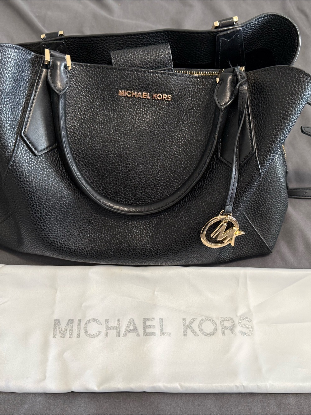 Michael Kors Black Pebbled Leather Tote with Gold Charm